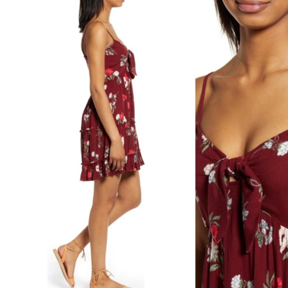 Band of Gypsies Burgundy Floral Tie Front Mini Dress